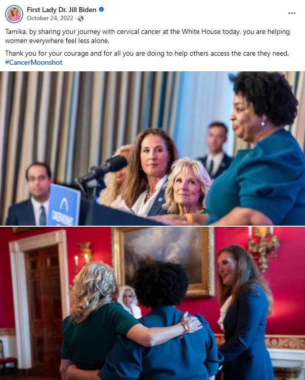 This screenshot of a Facebook post shows global cancer advocate Tamika Felder addressing a group at the White House for a Biden Cancer Moonshot event on October 24, 2024, where First Lady Dr. Jill Biden tagged and personally thanked her.