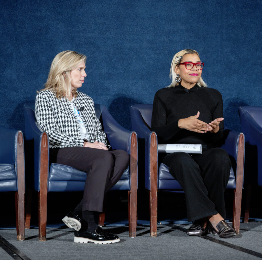 Tiffany Drummond of Opinionated STEM speaks during the "Empowering Informed Decisions: Navigating Clinical Trials for Cervical Cancer" panel at the 2024 Cervical Cancer Summit, alongside Lynda Ryan, a cervical cancer survivor and patient advocate.