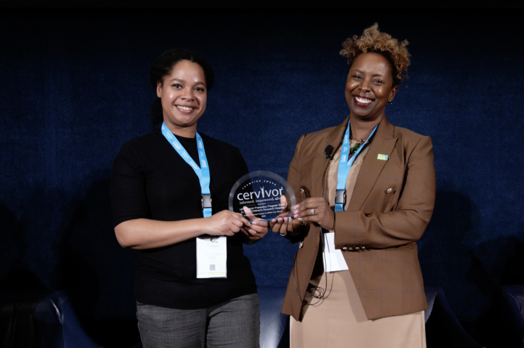 Julia Brown, MPH, and Andrea Stubbs, MPA, of St. Jude accept the Cervivor Champion Award for their dedication and contributions to ending cervical cancer.