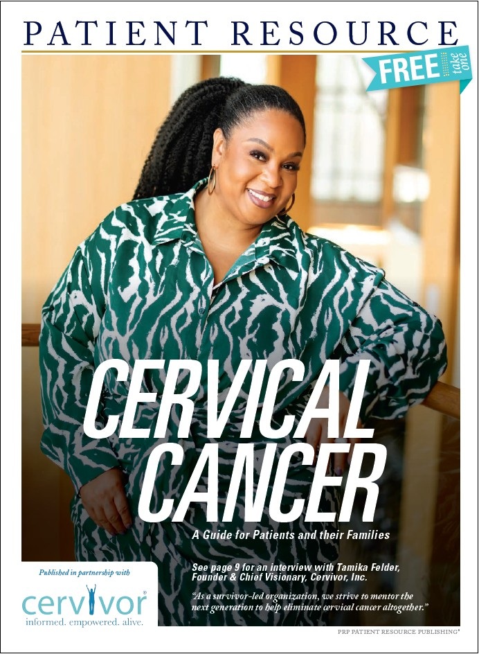 The image is a cover for a free patient resource guide about cervical cancer, published by Patient Resource in partnership with Cervivor, Inc.. It features a Black woman with long black hair, a warm and inviting smile, leaning on a railing, with a title "CERVICAL CANCER" and subtitle "A Guide for Patients and their Families". The image conveys hope and empowerment, with a blurred background and bright colors.