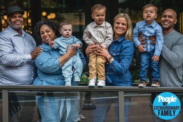 Tamika holds her son, Chayton, while standing beside her husband, Rocky, alongside Cervivor Ambassador Ginny, her husband, Sean, and their twin boys, illustrating the supportive community surrounding AYA cervical cancer and adolescent and young adult cervical cancer survivors.